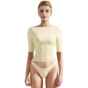 imageSUUKSESS Women Double Lined Half Sleeve Boat Neck Tops Tight Fitted ShirtsButter Yellow