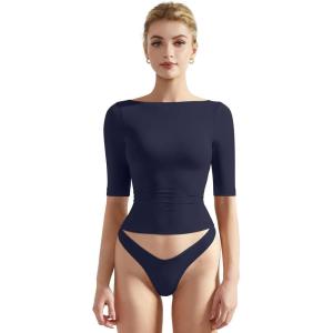 imageSUUKSESS Women Double Lined Half Sleeve Boat Neck Tops Tight Fitted ShirtsNavy Blue