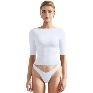 imageSUUKSESS Women Double Lined Half Sleeve Boat Neck Tops Tight Fitted ShirtsSnow White