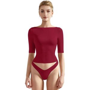 imageSUUKSESS Women Double Lined Half Sleeve Boat Neck Tops Tight Fitted ShirtsWine Red
