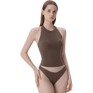 imageSUUKSESS Women Halter Padded Tank Tops Double Lined Backless Summer Going Out TopsBrown