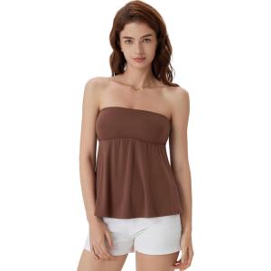 imageSUUKSESS Women Peplum Tube Tops with Built in Bra Summer Cute Sleeveless Strapless Babydoll Tank TopDark Brown