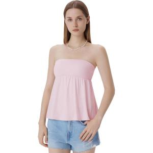 imageSUUKSESS Women Peplum Tube Tops with Built in Bra Summer Cute Sleeveless Strapless Babydoll Tank TopPink