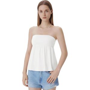 imageSUUKSESS Women Peplum Tube Tops with Built in Bra Summer Cute Sleeveless Strapless Babydoll Tank TopWhite