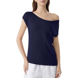 imageSUUKSESS Women Silk Cashmere Blend Off The Shoulder Tops Summer Knit Trendy Sweaters Going Out Loose Fit Shirts08 Navy Blue