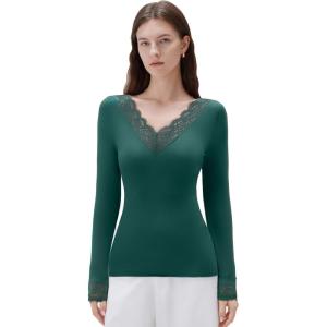 imageSUUKSESS Cloud Cashmere Women Basic Tops V Neck Boat Neck Lace Long Sleeve Shirt13dark Green