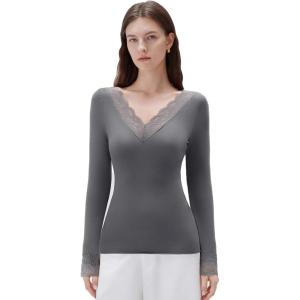 imageSUUKSESS Cloud Cashmere Women Basic Tops V Neck Boat Neck Lace Long Sleeve Shirt14dark Gray