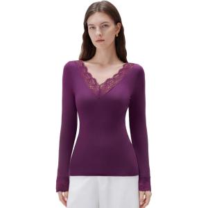 imageSUUKSESS Cloud Cashmere Women Basic Tops V Neck Boat Neck Lace Long Sleeve Shirt15purple