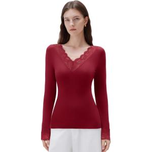 imageSUUKSESS Cloud Cashmere Women Basic Tops V Neck Boat Neck Lace Long Sleeve Shirt16wine