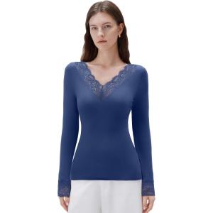 imageSUUKSESS Cloud Cashmere Women Basic Tops V Neck Boat Neck Lace Long Sleeve Shirt17royal Blue