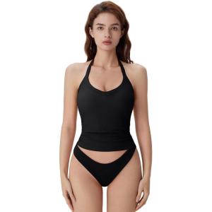 imageSUUKSESS Halter Tank Top for Women with Built in Bra Cotton Ribbed V Neck CamiBlack