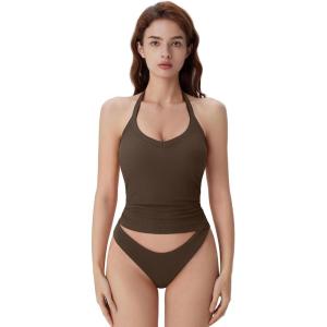 imageSUUKSESS Halter Tank Top for Women with Built in Bra Cotton Ribbed V Neck CamiBrown