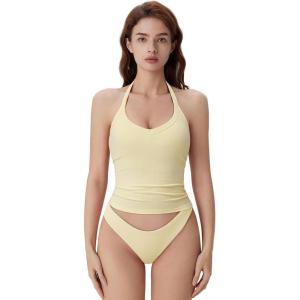 imageSUUKSESS Halter Tank Top for Women with Built in Bra Cotton Ribbed V Neck CamiButter Yellow