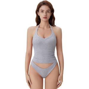 imageSUUKSESS Halter Tank Top for Women with Built in Bra Cotton Ribbed V Neck CamiGrey