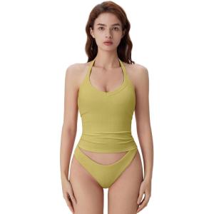 imageSUUKSESS Halter Tank Top for Women with Built in Bra Cotton Ribbed V Neck CamiOlive Green