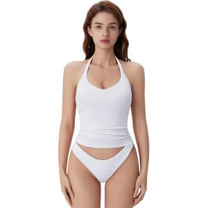 imageSUUKSESS Halter Tank Top for Women with Built in Bra Cotton Ribbed V Neck CamiSnow White