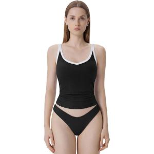 imageSUUKSESS Women Padded Cotton Ribbed V Neck Tank Top Summer Basic Going Out TopsBlackwhite
