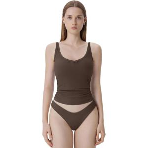 imageSUUKSESS Women Padded Cotton Ribbed V Neck Tank Top Summer Basic Going Out TopsBrown