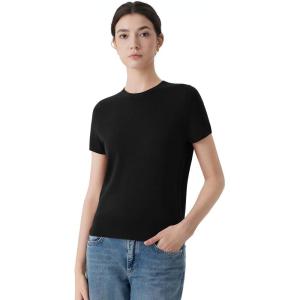 imageSUUKSESS Women Silk Cashmere Blend Crew Neck Short Sleeve Sweaters Casual BlouseBlack