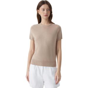 imageSUUKSESS Women Silk Cashmere Blend Crew Neck Short Sleeve Sweaters Casual BlouseCamel