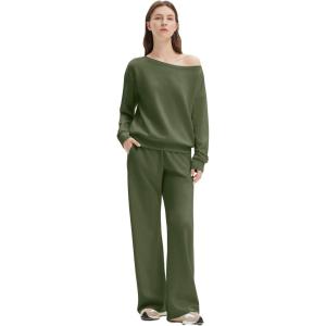 image:imageSUUKSESS Women 2 Piece Lounge Matching Set Off Shoulder Sweatshirt Wide Leg SweatpantArmy Green