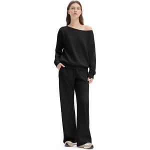image:imageSUUKSESS Women 2 Piece Lounge Matching Set Off Shoulder Sweatshirt Wide Leg SweatpantBlack
