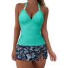 image:imageSUUKSESS Women Tummy Control Tankini Swimsuit Sexy Halter Bathing Suit 2 Piece147 Aqua Blue Floral