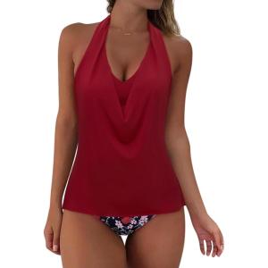 image:imageSUUKSESS Women Halter Tankini Swimsuit High Waist Cowl Neck Bathing Suit 2 Piece171 Red Floral