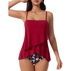 image:imageSUUKSESS Women Tummy Control Tankini Swimsuit Ruffle High Waisted Bathing Suit186 Red Floral