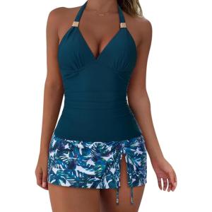 image:imageSUUKSESS Women Tummy Control Tankini Swimsuit Sexy Halter Bathing Suit 2 Piece147 Blue Floral