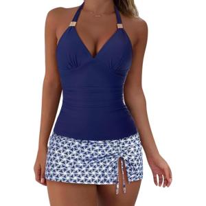 image:imageSUUKSESS Women Tummy Control Tankini Swimsuit Sexy Halter Bathing Suit 2 Piece147 Navy Blue Star