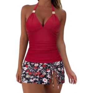 image:imageSUUKSESS Women Tummy Control Tankini Swimsuit Sexy Halter Bathing Suit 2 Piece147 Red Floral