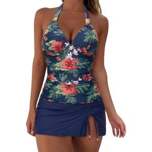 image:imageSUUKSESS Women Tummy Control Tankini Swimsuit Sexy Halter Bathing Suit 2 Piece147 Tropical Floral Navy Blue