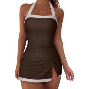 image:imageSUUKSESS Women Tummy Control Tankini Swimsuits with Skirt Backless Bathing SuitBeige Brown