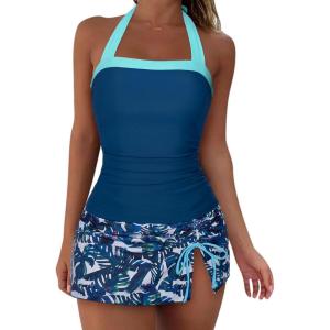 image:imageSUUKSESS Women Tummy Control Tankini Swimsuits with Skirt Backless Bathing SuitBlue Floral