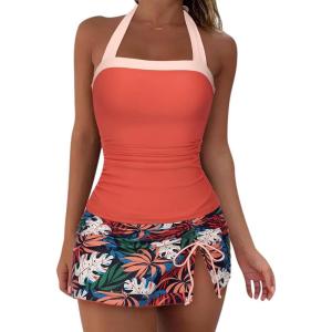 image:imageSUUKSESS Women Tummy Control Tankini Swimsuits with Skirt Backless Bathing SuitCoral Pink Leaf