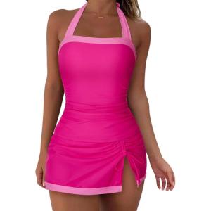 image:imageSUUKSESS Women Tummy Control Tankini Swimsuits with Skirt Backless Bathing SuitPink