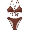image:imageSUUKSESS Women High Waisted Triangle Bikini Sets Textured O Ring 2 Piece Swimsuit178 Dark Brown