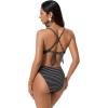 image:imageSUUKSESS Women High Waisted Triangle Bikini Sets Textured O Ring 2 Piece Swimsuit178 White Black Striped