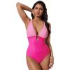image:imageSUUKSESS Women One Piece Tummy Control Swimsuit Deep V Neck Cutout Bathing SuitPink Colorblock