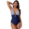 image:imageSUUKSESS Women One Piece Tummy Control Swimsuit Deep V Neck Cutout Bathing SuitWhite Blue Striped