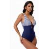 image:imageSUUKSESS Women One Piece Tummy Control Swimsuit Deep V Neck Cutout Bathing SuitWhite Blue Striped