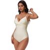 image:imageSUUKSESS Women Tummy Control One Piece Swimsuits V Neck Front Cross Bathing SuitBeige White