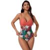 image:imageSUUKSESS Women Tummy Control One Piece Swimsuits V Neck Front Cross Bathing SuitCoral Pink Leaf
