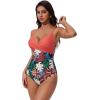 image:imageSUUKSESS Women Tummy Control One Piece Swimsuits V Neck Front Cross Bathing SuitCoral Pink Leaf