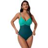 image:imageSUUKSESS Women Tummy Control One Piece Swimsuits V Neck Front Cross Bathing SuitGreen Color Block