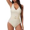 image:imageSUUKSESS Women Retro One Piece Swimsuit Metal Tummy Control V Neck Bathing Suit167 Beige White