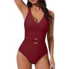 image:imageSUUKSESS Women Retro One Piece Swimsuit Metal Tummy Control V Neck Bathing Suit167 Wine Red