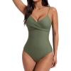 image:imageSUUKSESS Women Tummy Control One Piece Swimsuits V Neck Front Cross Bathing SuitArmy Green