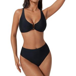 image:imageSUUKSESS Women 2 Piece Bikini Set UWire Cutout High Waisted Tummy Control SwimsuitBlack